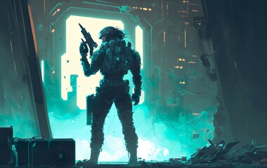 Digital Painting of A Super Soldier Holding a Futuristic Gun in a Laboratory Generative AI