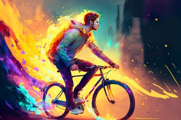 Fototapeta na wymiar Digital Painting of A Young Man Riding a Bicycle with a Colorful Energy Generative AI