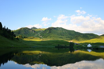 Fototapeta na wymiar Lac de Joux Plane is a lake in the department of Haute-Savoie
