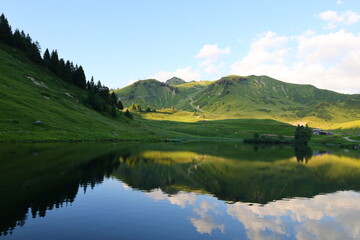 Fototapeta na wymiar Lac de Joux Plane is a lake in the department of Haute-Savoie