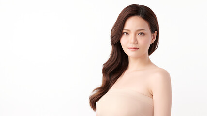 Fototapeta na wymiar Beautiful young asian woman with clean fresh skin on white background, Face care, Facial treatment, Cosmetology, beauty and spa, Asian women portrait.