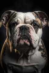 Generative AI portrait illustration of a french bulldog purebred dog looking at the camera, realistic image with black background