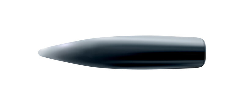 Isolated bullet Kalashnikov or rifle, 3d realistic metal or silver, firing part of the cartridge. png