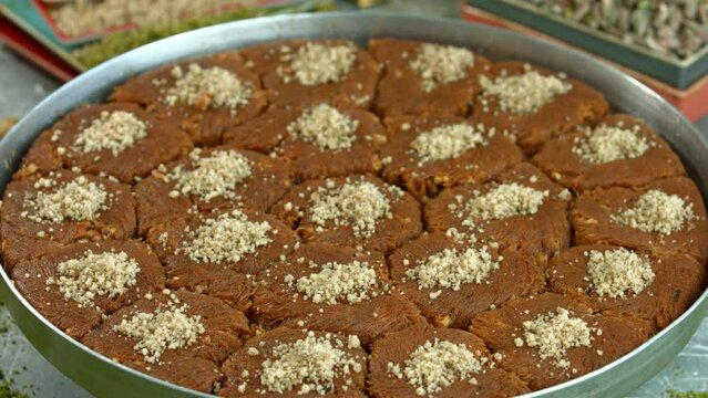 Traditional turkish baklava pistachio pastry. Dilberdudagi, ozel kesim baklava, cikolatali baklava, fistikli baklava, katmer, fistikli kadayif, kattafi, fistik sarma, soguk baklava, midye baklava, cev