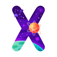 Space Letter X as Font and Alphabet Capital Bold Figure with Planet Vector Illustration