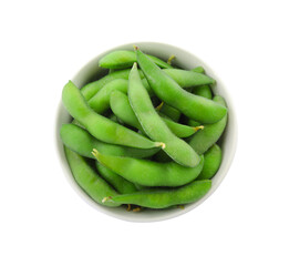 Bowl with green edamame pods on white background, top view