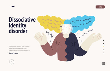 Mental disorders web template. Dissociative identity disorder - modern flat vector illustration of a woman meeting with split personality. People emotional, psychological, mental traumas concept
