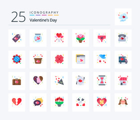 Valentines Day 25 Flat Color icon pack including roses. love. thrift-box. flower. romance