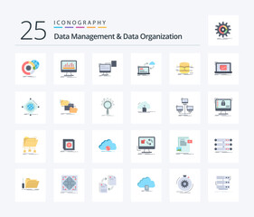 Data Management And Data Organization 25 Flat Color icon pack including data. sync. data. document. print