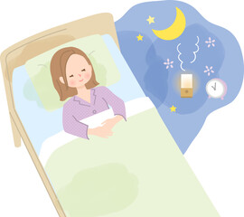 ベットでぐっすり眠る女性のイラスト素材