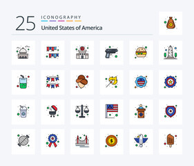 Usa 25 Line Filled icon pack including weapon. security. decoration. gun. station