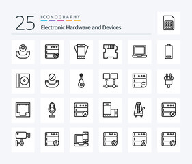 Devices 25 Line icon pack including battery. devices. phone. computer. memory