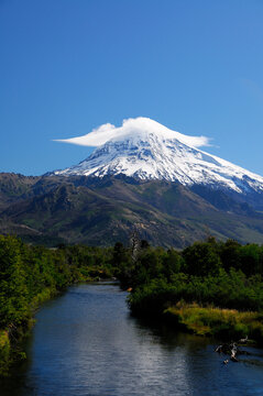 Snow-covered Lanin Volcano in Patagonia Argentina
