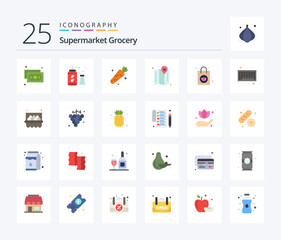 Grocery 25 Flat Color icon pack including code. bar. vegetable. purse. handbag