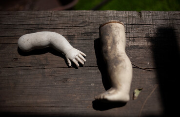 A leg and an arm of a doll on the Island of the Dolls in Xochimilco, southern Mexico City
