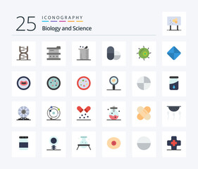 Biology 25 Flat Color icon pack including cell. pills. hazardous. laboratory. biology