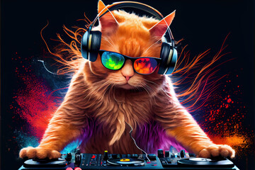 ginger  dj cat with sunglasses and headphones playing music,generative ai	
