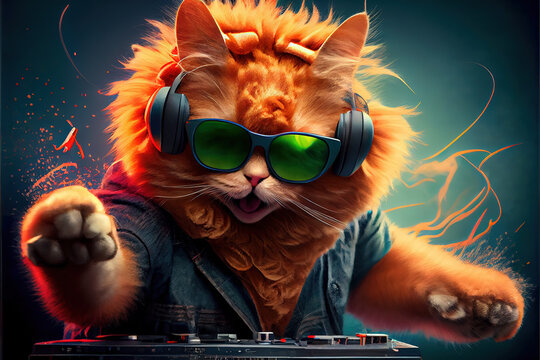 Ginger Cat Dj With Sunglasses And Headphones,generative Ai	