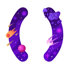 Space Round Parentheses with Comet and Starry Sky Vector Illustration