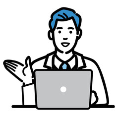 ラップトップの前で笑顔で提案をしている白衣を着た若い男性医師
