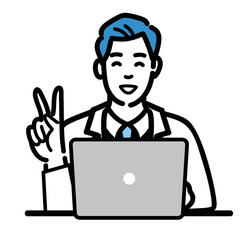 ラップトップの前で笑顔で人差し指を立てて提案をしている白衣を着た若い男性医師
