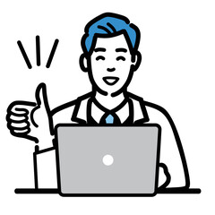 ラップトップの前で笑顔で親指を立てている白衣を着た若い男性医師
