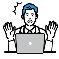 ラップトップの前で驚いている白衣を着た若い男性医師
