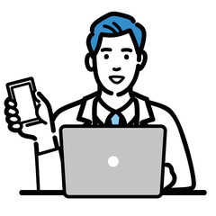 ラップトップの前でポイントの説明をしている白衣を着た若い男性医師
