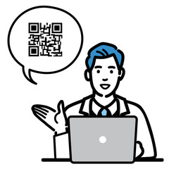 ラップトップの前でQRコードの説明をしている白衣を着た若い男性医師
