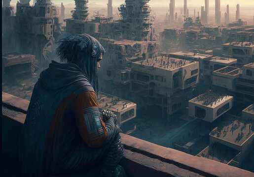 dystopic cyberpunk scene created with Generative AI technology