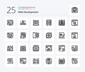 Web Development 25 Line icon pack including development. storage. html. server. data