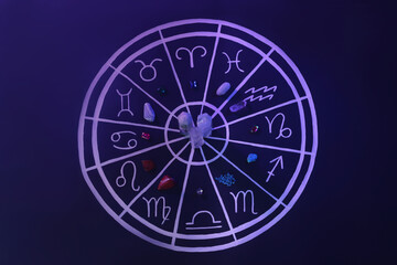 Natural stones for zodiac signs and drawn astrology chart on dark blue background, flat lay. Color tone effect