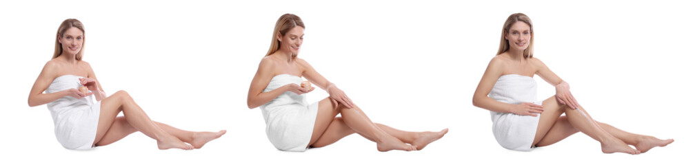 Fototapeta premium Photos of woman holding jar with body cream on white background, collage design