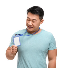 Happy asian man with vip pass badge on white background
