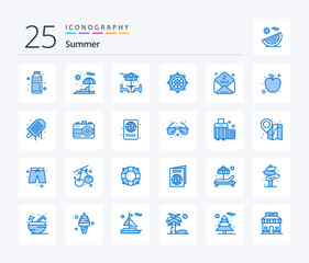 Summer 25 Blue Color icon pack including discount. steering. vacation. holiday. furniture