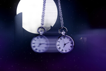 Hypnosis session. Vintage pocket watch with chain swinging against mystical sky on a full moon,...