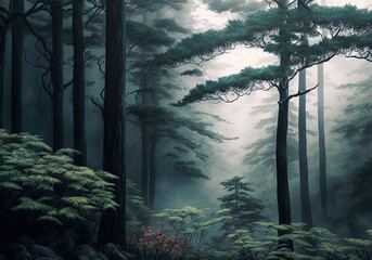 misty morning in the woods created with Generative AI technology