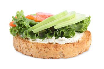 Tasty rusk with salmon, cream cheese and avocado isolated on white