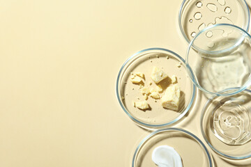 Many Petri dishes and cosmetic products on beige background, flat lay. Space for text