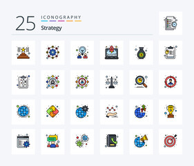 Fototapeta na wymiar Strategy 25 Line Filled icon pack including analysis. finance. design. bag. rocket