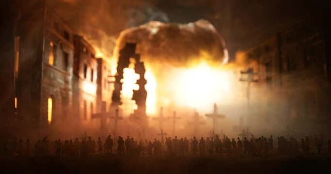 Nuclear war apocalypse concept. Explosion of nuclear bomb in city. Cemetery on ruined city street. Creative artwork decoration in dark. Selective focus