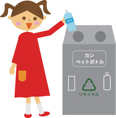 ペットボトルを分別ゴミ箱に入れている子供のイラスト・リサイクル・資源ゴミ