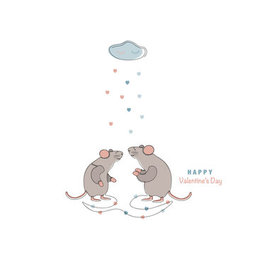 Couple of lovely mouse and cloud with eyes, colored  hearts
