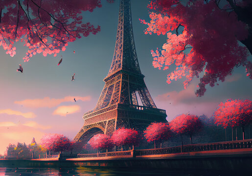 beautiful paris painting with pink blossoms created with Generative AI technology