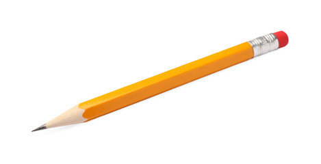 Short graphite pencil with eraser isolated on white. School stationery