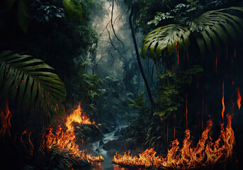 tropical forest in fire created with Generative AI technology