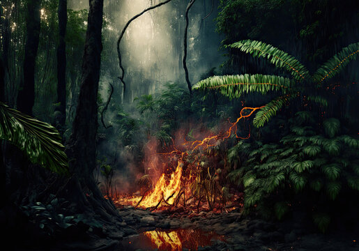tropical rain forest in fire created with Generative AI technology