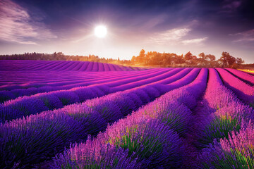 Field with rows of lavender flowers at sunset. Generative AI - obrazy, fototapety, plakaty