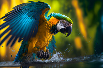 Macaw in action with generative AI technology - obrazy, fototapety, plakaty