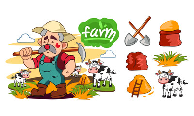 Fototapeta premium Hardworking Farmer with Cow and Barn Background. Vector illustrator 
